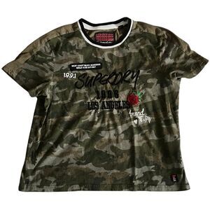 Superdry Camo Boxy Top West LA Embroidered Logo & Rose Size UK M US 8 EU 40